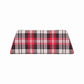 Australian designer slides upper in chequered patterned canvas in red, ivory, white, brown and black.