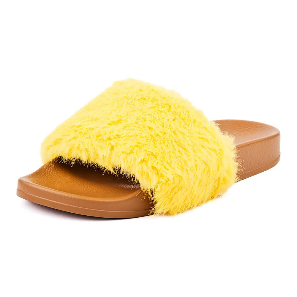 Camel slides with fluffy yellow fur upper.