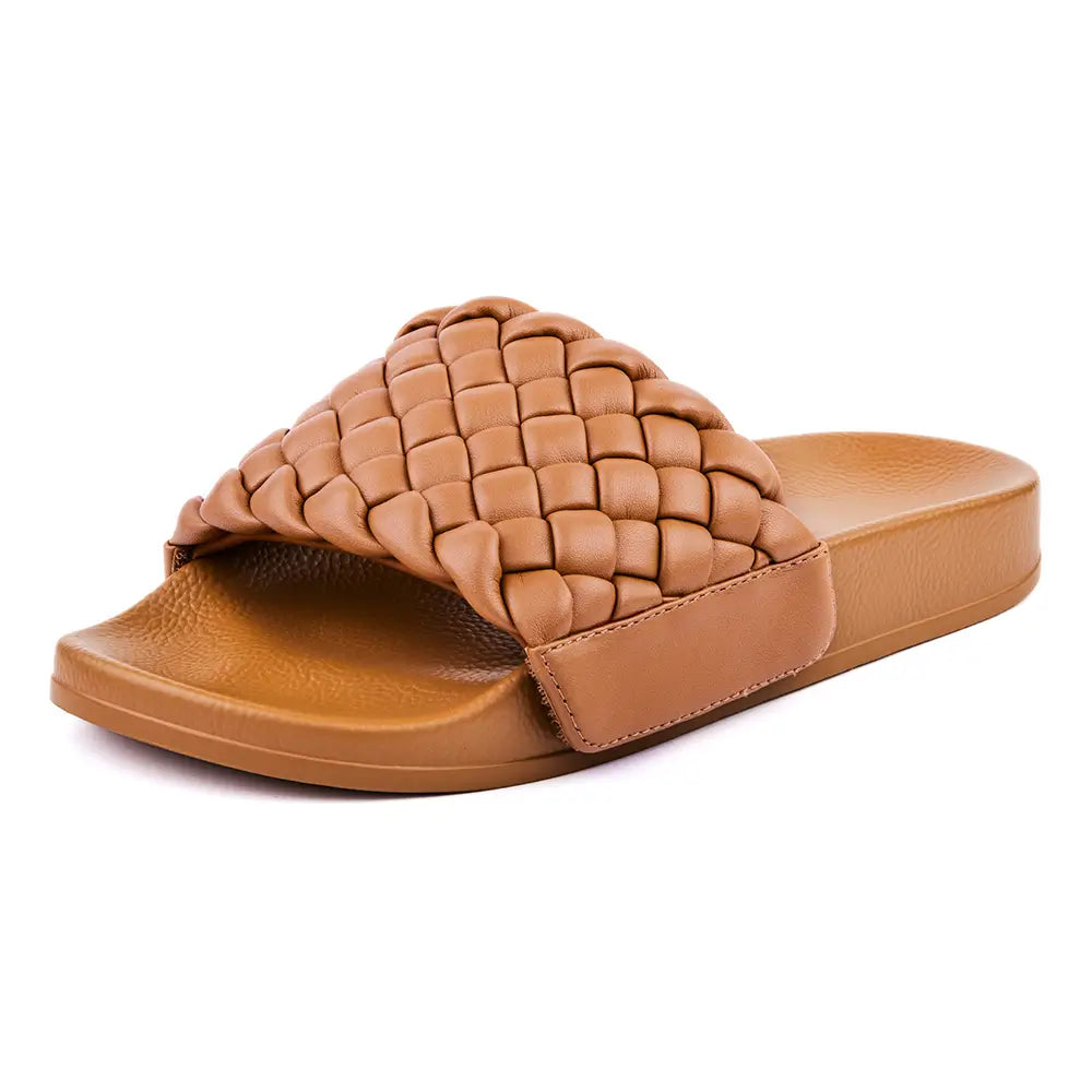 Camel slides with braided faux leather upper in camel colour.