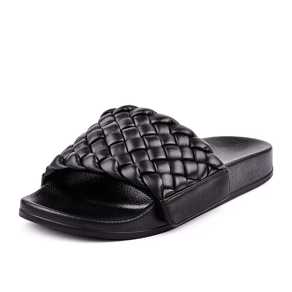 Black slides with braided faux leather upper.