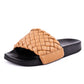 Blacl slides with braided faux leather upper in camel colour.