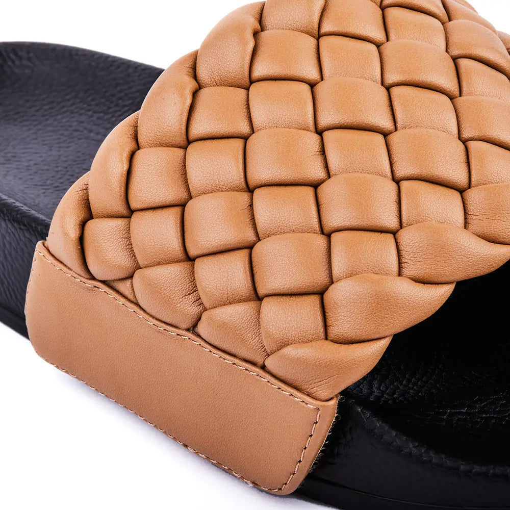 Black slides with braided faux leather upper in camel colour.