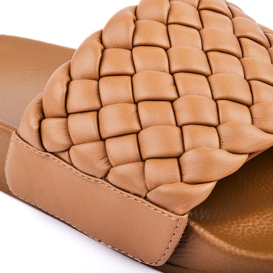 Camel slides with braided faux leather upper in camel colour.