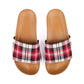 Australian designer camel slides with upper in chequered patterned canvas in red, ivory, white, brown and black.