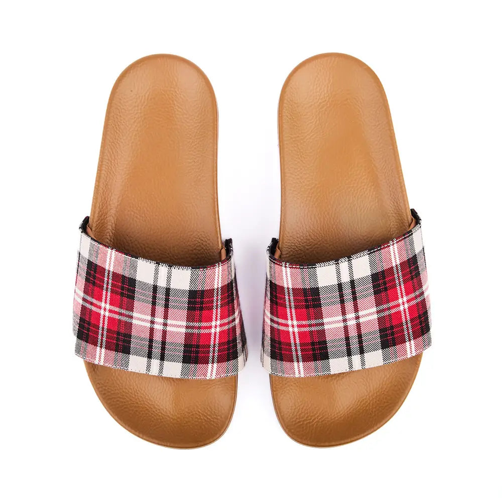 Australian designer camel slides with upper in chequered patterned canvas in red, ivory, white, brown and black.