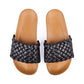Camel slides with black braided faux leather upper.