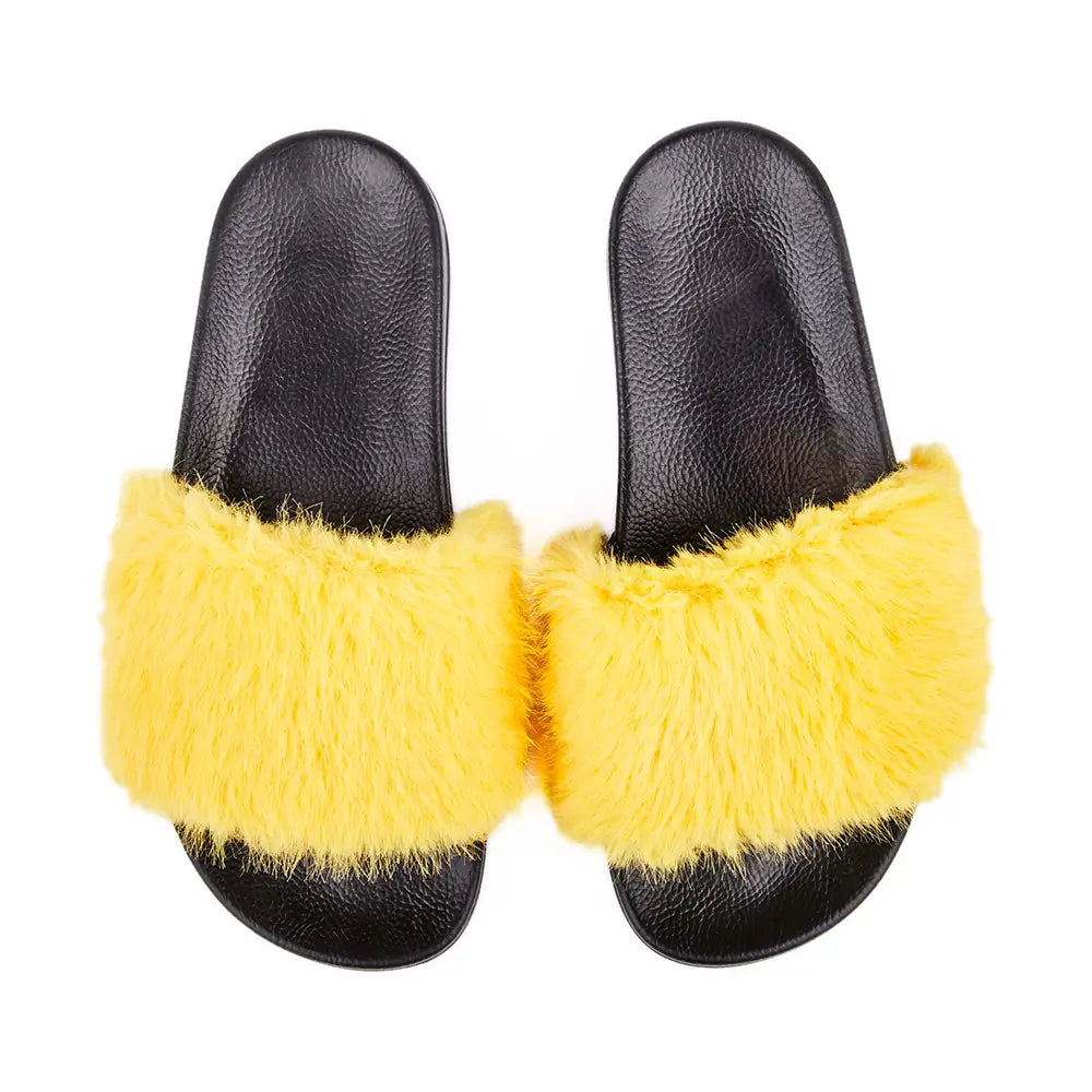 Black slides with fluffy yellow fur upper.
